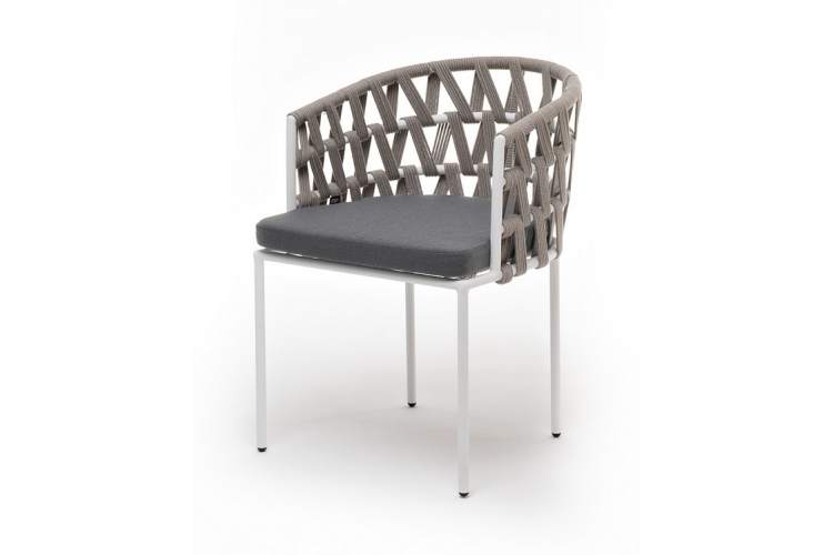 "Диего" стул плетеный из роупа, каркас из стали белый муар, роуп серый меланж круглый, ткань серая 017
