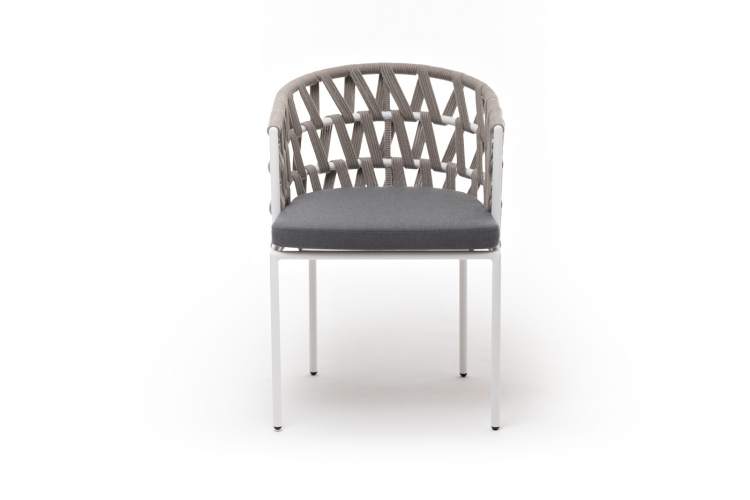 "Диего" стул плетеный из роупа, каркас из стали белый муар, роуп серый меланж круглый, ткань серая 017-1