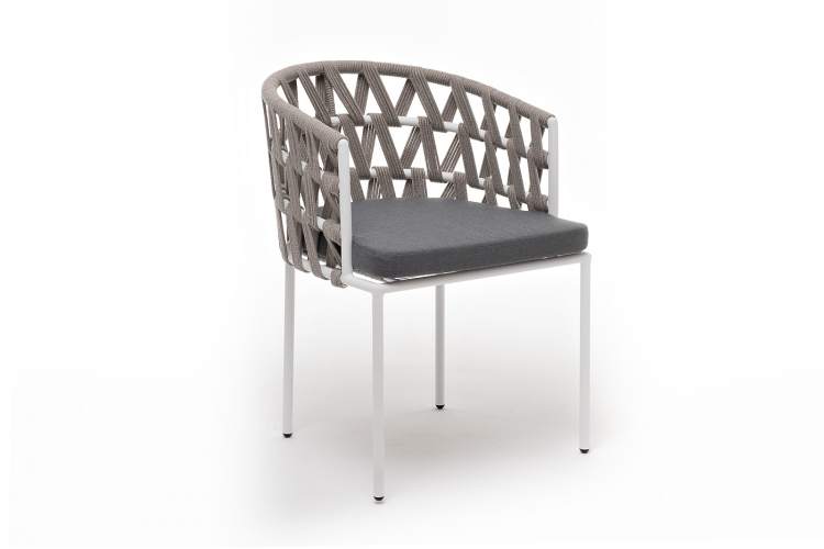 "Диего" стул плетеный из роупа, каркас из стали белый муар, роуп серый меланж круглый, ткань серая 017-2