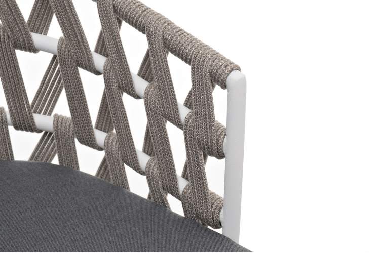 "Диего" стул плетеный из роупа, каркас из стали белый муар, роуп серый меланж круглый, ткань серая 017-3