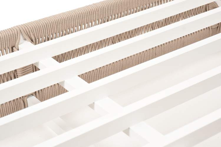 "Ривьера" шезлонг плетеный из роупа, каркас алюминий белый муар, роуп бежевый круглый, ткань бежевая 052-8