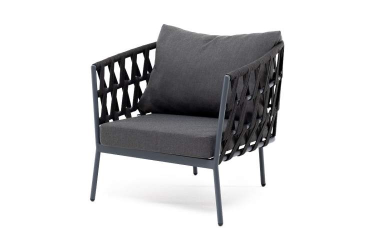 "Диего" кресло плетеное из роупа, каркас алюминий темно-серый (RAL7024) муар, роуп темно-серый круглый, ткань темно-серая 027