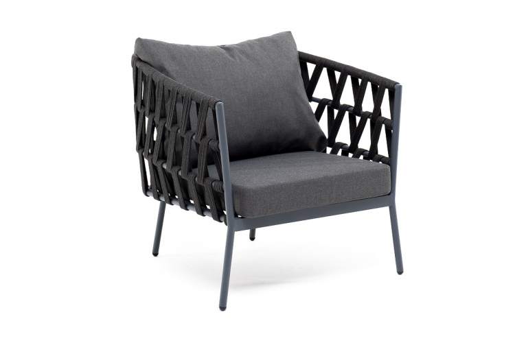 "Диего" кресло плетеное из роупа, каркас алюминий темно-серый (RAL7024) муар, роуп темно-серый круглый, ткань темно-серая 027-1