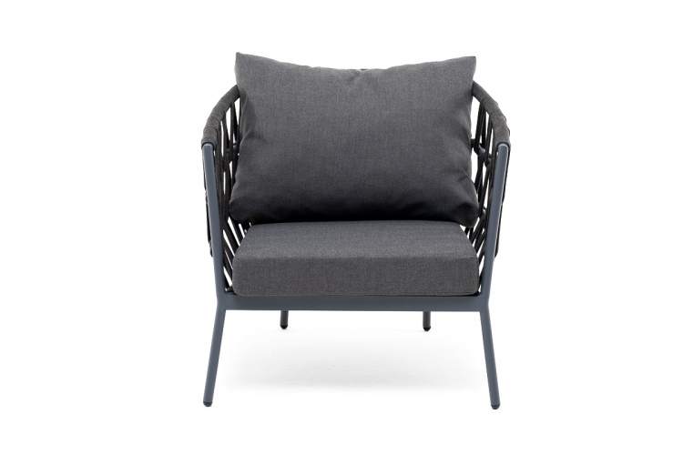 "Диего" кресло плетеное из роупа, каркас алюминий темно-серый (RAL7024) муар, роуп темно-серый круглый, ткань темно-серая 027-2