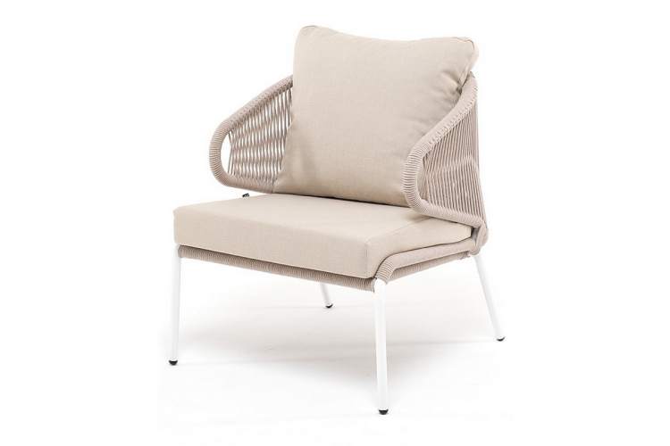 "Милан" кресло плетеное из роупа, каркас алюминий белый муар, роуп бежевый круглый, ткань бежевая 15052