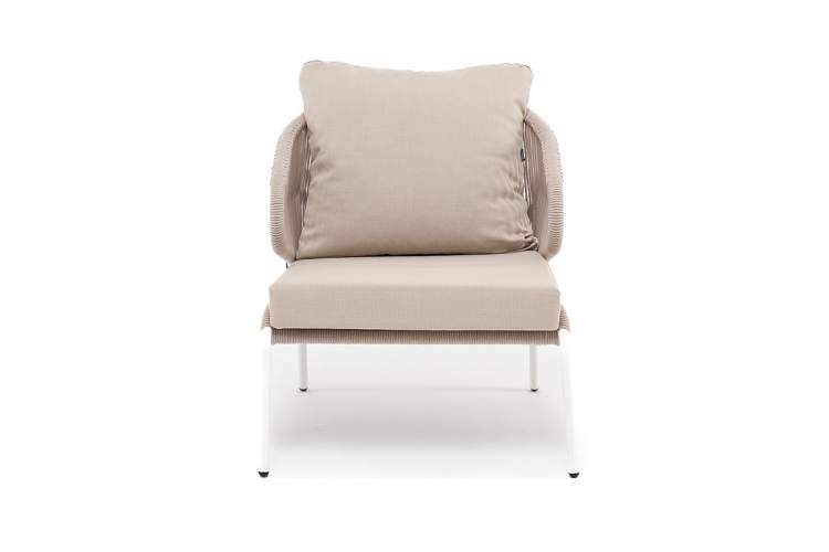 "Милан" кресло плетеное из роупа, каркас алюминий белый муар, роуп бежевый круглый, ткань бежевая 15052-2