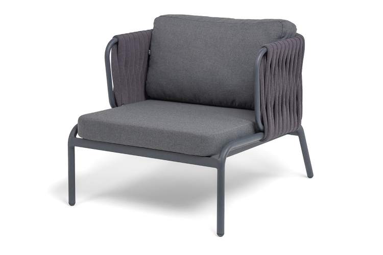 "Ронда" кресло плетеное из роупа, каркас алюминий темно-серый (RAL7024) муар, роуп серый 40 мм tex, ткань темно-серая 027