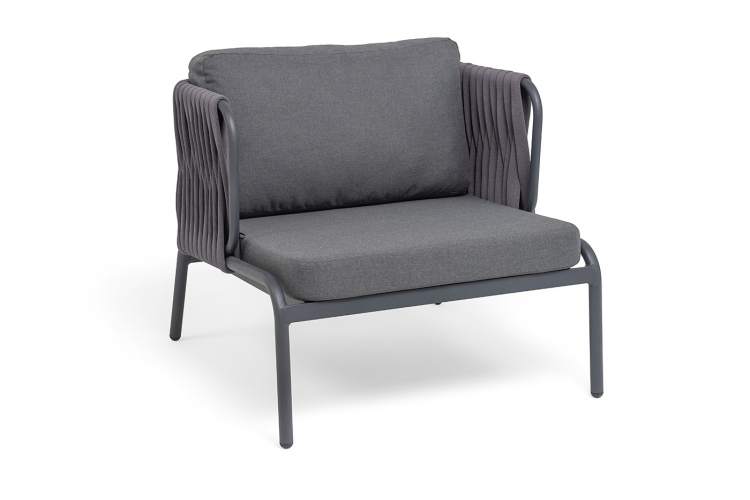 "Ронда" кресло плетеное из роупа, каркас алюминий темно-серый (RAL7024) муар, роуп серый 40 мм tex, ткань темно-серая 027-1