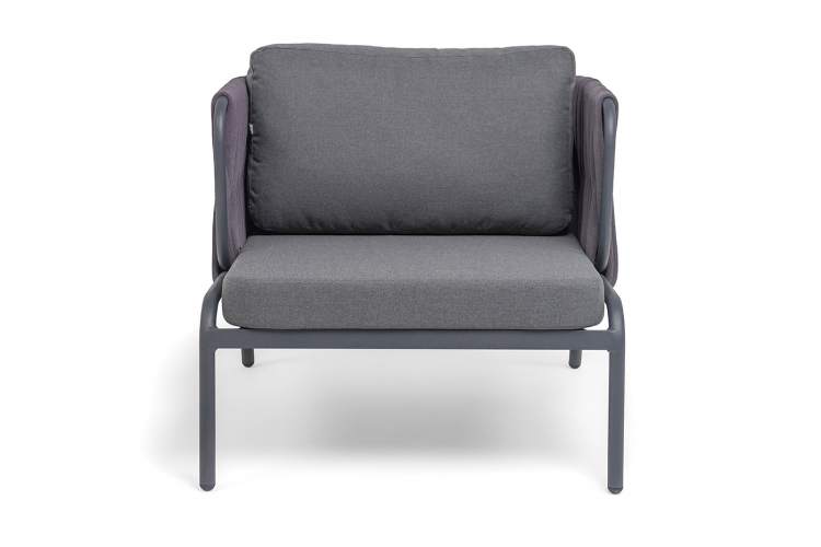 "Ронда" кресло плетеное из роупа, каркас алюминий темно-серый (RAL7024) муар, роуп серый 40 мм tex, ткань темно-серая 027-2