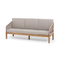 "Канны" диван 3-местный плетеный из роупа, основание дуб, роуп коричневый круглый, ткань бежевая