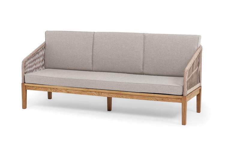 "Канны" диван 3-местный плетеный из роупа, основание дуб, роуп коричневый круглый, ткань бежевая