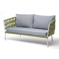 "Диего" диван 2-местный плетеный из роупа, каркас алюминий светло-серый (RAL7035) муар, роуп салатовый меланж круглый, ткань светло-серая