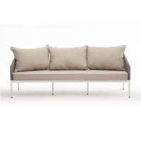 "Канны" диван 3-местный плетеный из роупа, каркас алюминий белый муар, роуп светло-серый круглый, ткань бежевая 15052