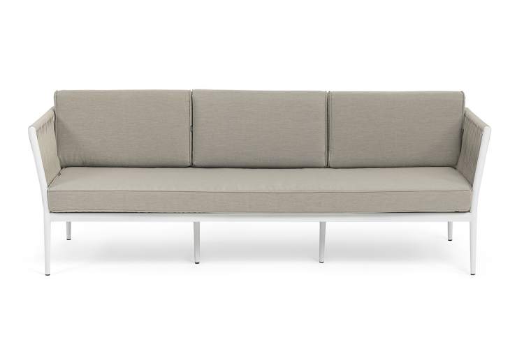 "Касабланка" диван 3-местный плетеный из роупа, каркас алюминий белый муар, роуп бежевый 20мм, ткань бежевая 15052-1