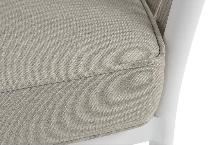 "Касабланка" диван 3-местный плетеный из роупа, каркас алюминий белый муар, роуп бежевый 20мм, ткань бежевая 15052-5