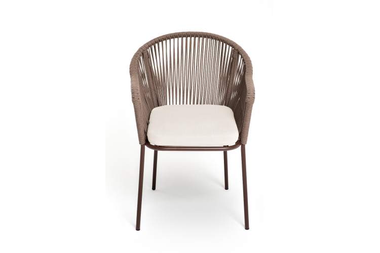 "Лион" стул плетеный из роупа, каркас из стали коричневый (RAL8016) муар, роуп коричневый круглый, ткань бежевая 15052-1