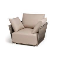 "Форли" кресло плетеное из роупа, каркас алюминий светло-серый (RAL7035) муар, роуп серо-коричневый 23мм, ткань Mossle бежевая