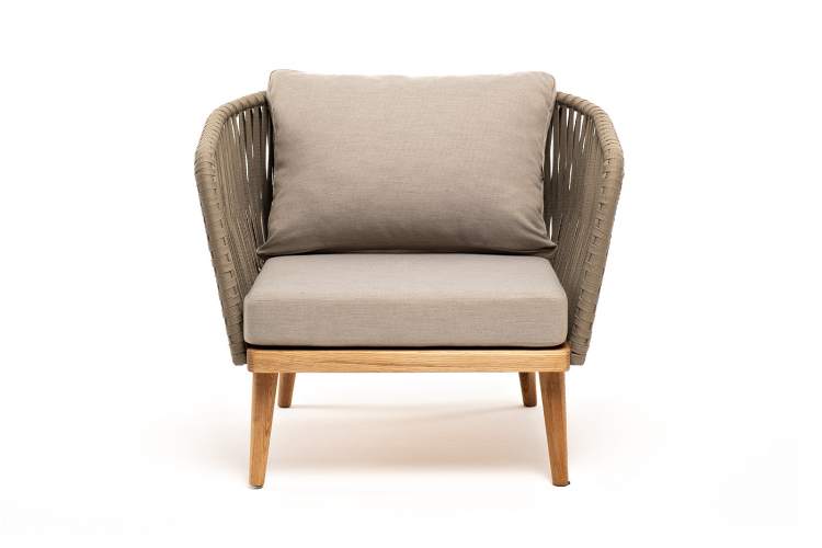 "Мальорка" кресло плетеное из роупа, основание дуб, роуп серо-коричневый 23мм, ткань бежевая 15052-1