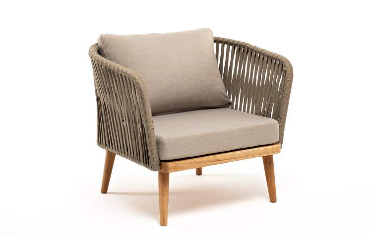 "Мальорка" кресло плетеное из роупа, основание дуб, роуп серо-коричневый 23мм, ткань бежевая 15052-2