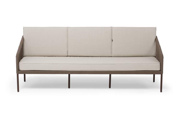 "Канны" диван 3-местный плетеный из роупа, каркас алюминий коричневый (RAL8016) муар, роуп коричневый круглый, ткань бежевая 15052-1