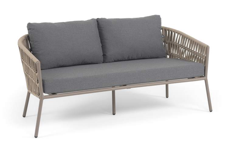 "Комо" диван 2-местный плетеный из роупа, каркас алюминий бежево-серый (RAL7006) муар, роуп серо-коричневый 23мм, ткань темно-серая 027-1