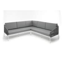 "Канны" диван модульный плетеный из роупа, каркас алюминий белый, роуп светло-серый круглый, ткань светло-серая