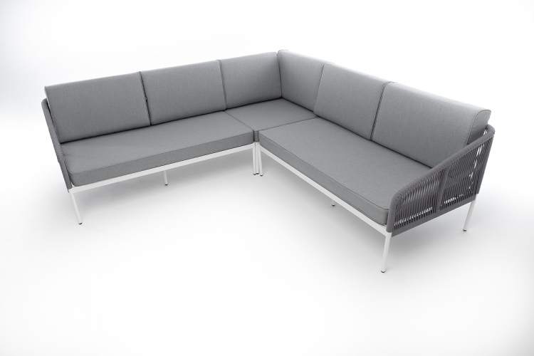 "Канны" диван модульный плетеный из роупа, каркас алюминий белый, роуп светло-серый круглый, ткань светло-серая-1
