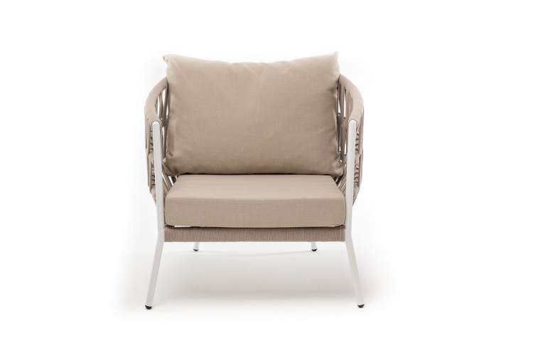 "Диего" кресло плетеное из роупа, каркас алюминий белый муар, роуп бежевый круглый, ткань бежевая 052-1