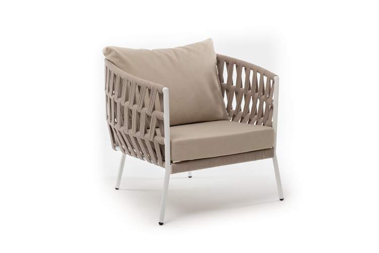 "Диего" кресло плетеное из роупа, каркас алюминий белый муар, роуп бежевый круглый, ткань бежевая 052-2