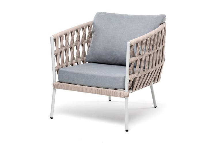 "Диего" кресло плетеное из роупа, каркас алюминий светло-серый (RAL7035) муар, роуп бежевый круглый, ткань светло-серая