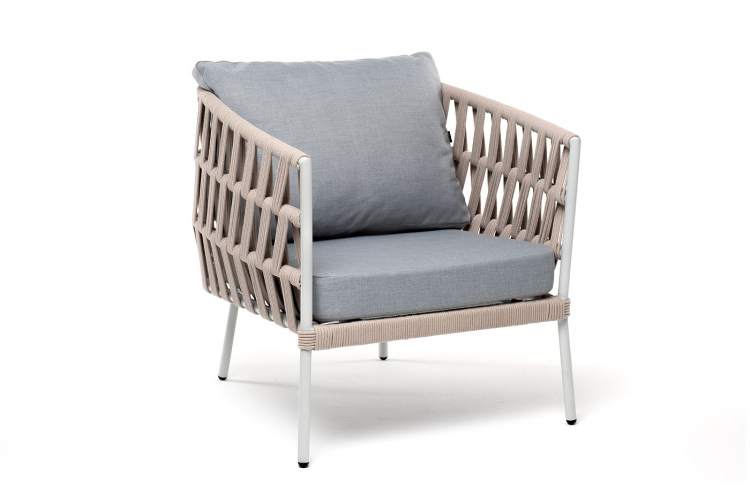 "Диего" кресло плетеное из роупа, каркас алюминий светло-серый (RAL7035) муар, роуп бежевый круглый, ткань светло-серая-2