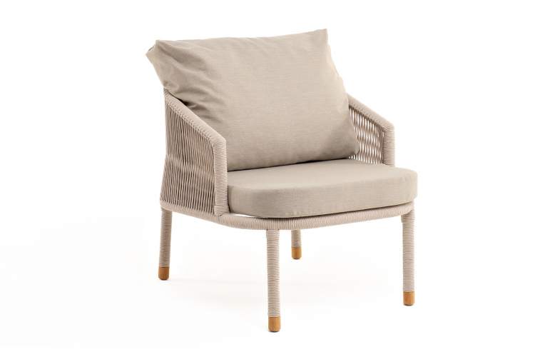 "Верона" кресло плетеное из роупа, каркас алюминий белый муар, роуп бежевый круглый, ткань бежевая 15052-2