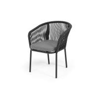 "Марсель" стул плетеный из роупа, каркас алюминий черный муар, роуп темно-серый круглый, ткань темно-серая 027