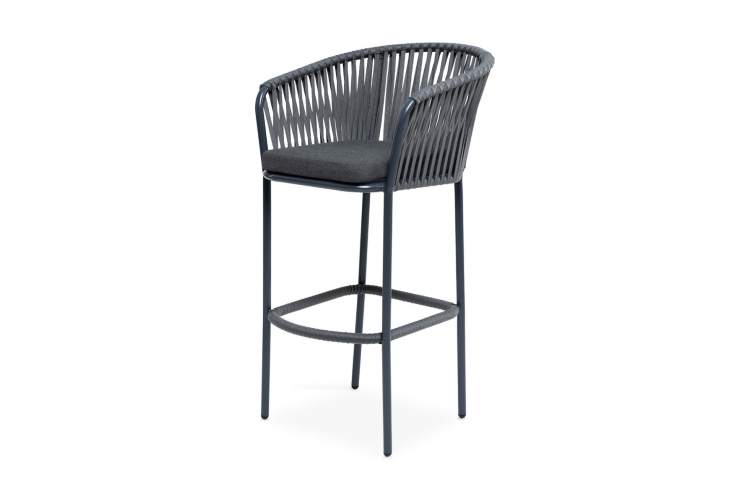 "Бордо" стул барный плетеный из роупа, каркас из стали темно-серый (RAL7024) муар, роуп серый 15мм, ткань темно-серая 027