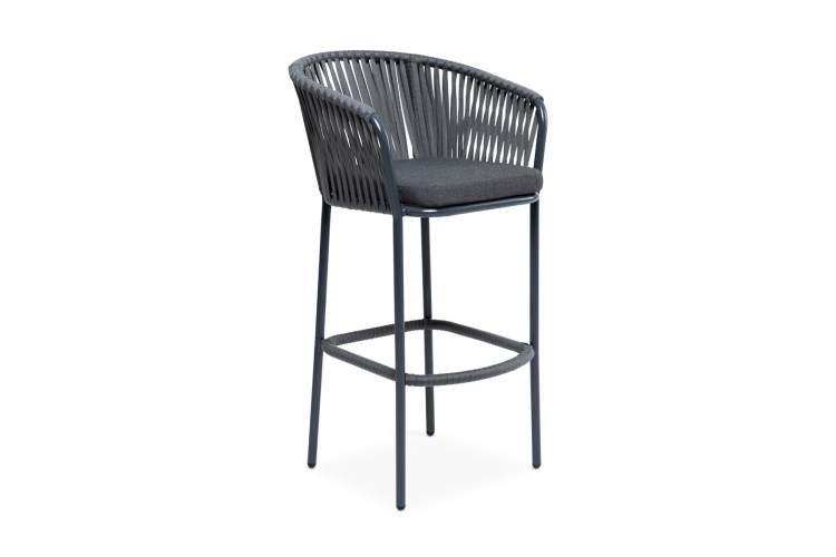 "Бордо" стул барный плетеный из роупа, каркас из стали темно-серый (RAL7024) муар, роуп серый 15мм, ткань темно-серая 027-1