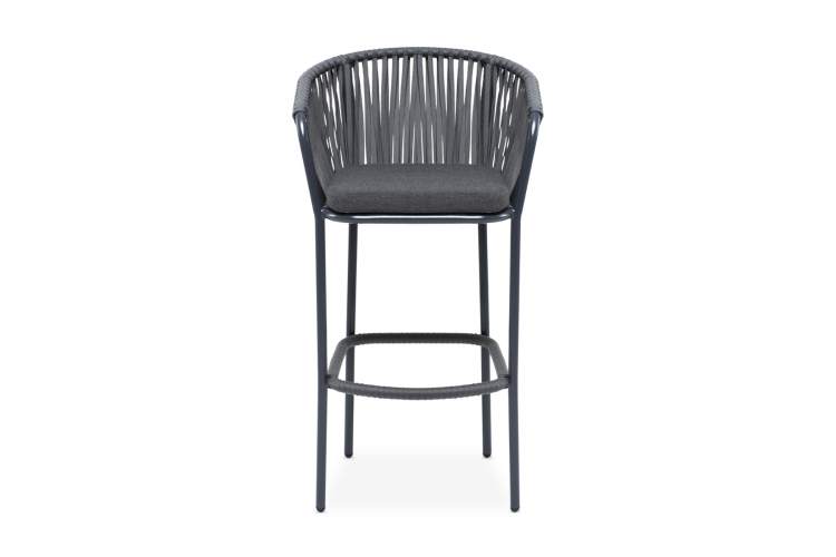 "Бордо" стул барный плетеный из роупа, каркас из стали темно-серый (RAL7024) муар, роуп серый 15мм, ткань темно-серая 027-2