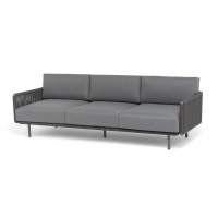 "Джелло" диван 3-местный плетеный из роупа, каркас алюминий темно-серый (RAL7024) муар, роуп темно-серый круглый, ткань темно-серая 027