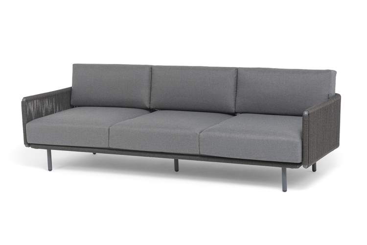 "Джелло" диван 3-местный плетеный из роупа, каркас алюминий темно-серый (RAL7024) муар, роуп темно-серый круглый, ткань темно-серая 027