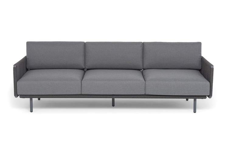 "Джелло" диван 3-местный плетеный из роупа, каркас алюминий темно-серый (RAL7024) муар, роуп темно-серый круглый, ткань темно-серая 027-2