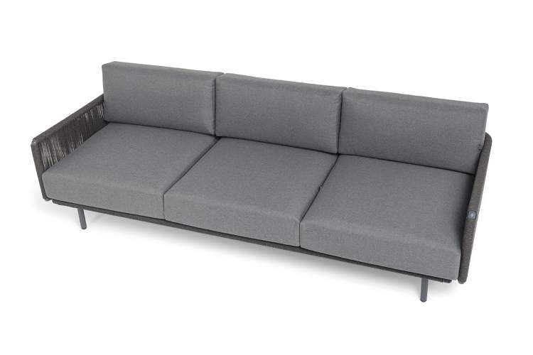 "Джелло" диван 3-местный плетеный из роупа, каркас алюминий темно-серый (RAL7024) муар, роуп темно-серый круглый, ткань темно-серая 027-3