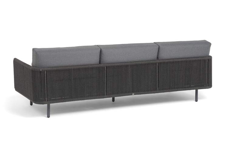 "Джелло" диван 3-местный плетеный из роупа, каркас алюминий темно-серый (RAL7024) муар, роуп темно-серый круглый, ткань темно-серая 027-4