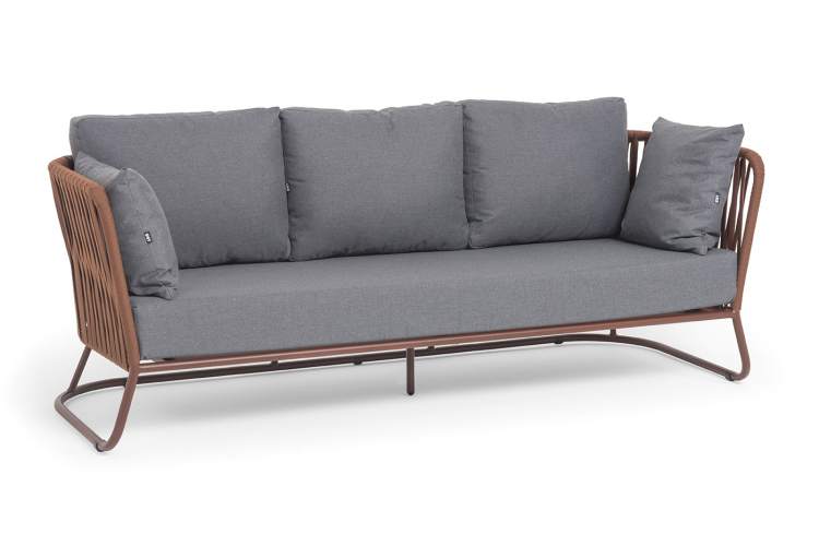 "Багамы" диван 3-местный плетеный из роупа, каркас алюминий бежево-серый (RAL7006) муар, роуп серо-коричневый 23мм, ткань светло-серая-1