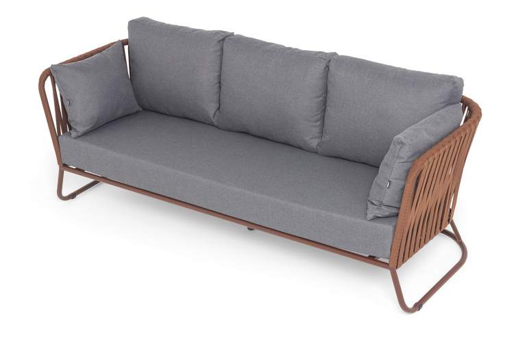 "Багамы" диван 3-местный плетеный из роупа, каркас алюминий бежево-серый (RAL7006) муар, роуп серо-коричневый 23мм, ткань светло-серая-3