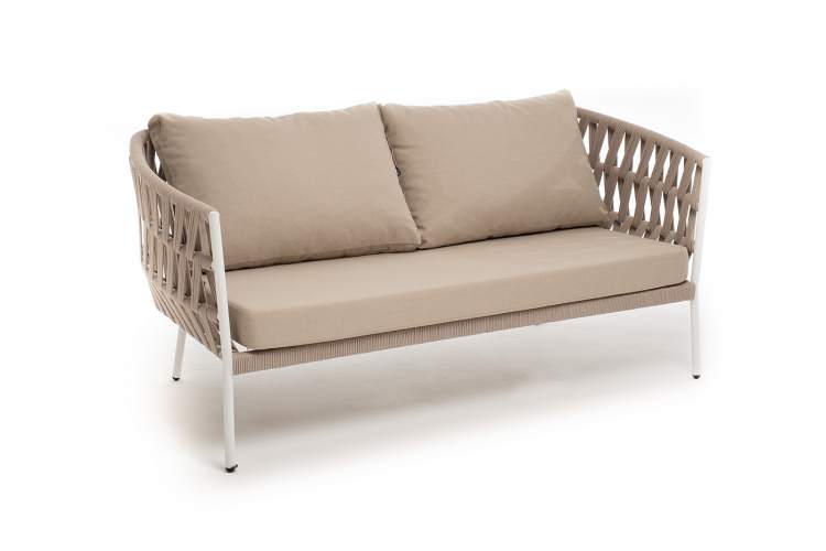 "Диего" диван 2-местный плетеный из роупа, каркас алюминий белый муар, роуп бежевый круглый, ткань бежевая 052-2