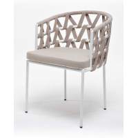 "Диего" стул плетеный из роупа, каркас из стали белый муар, роуп бежевый круглый, ткань бежевая 052