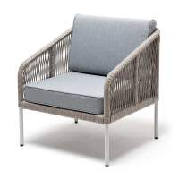 "Канны" кресло плетеное из роупа, каркас алюминий светло-серый (RAL7035) муар, роуп светло-серый круглый, ткань светло-серая