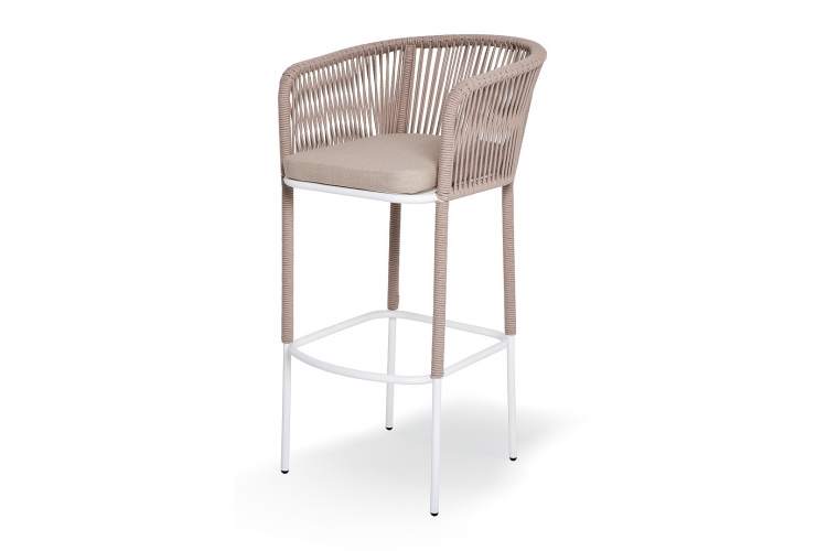 "Марсель" стул барный плетеный из роупа, каркас из стали белый муар, роуп бежевый круглый, ткань бежевая 15052