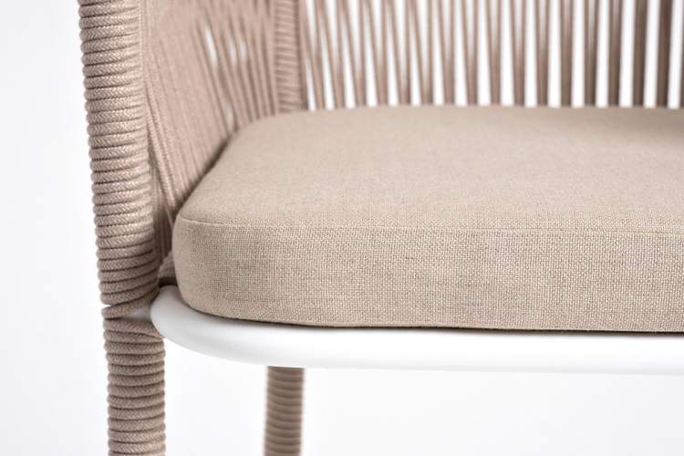 "Марсель" стул барный плетеный из роупа, каркас из стали белый муар, роуп бежевый круглый, ткань бежевая 15052-6