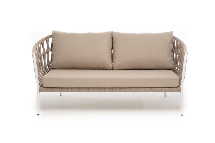 "Диего" диван 2-местный плетеный из роупа, каркас алюминий белый муар, роуп бежевый круглый, ткань бежевая 035-1