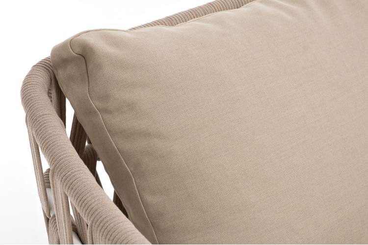 "Диего" диван 2-местный плетеный из роупа, каркас алюминий белый муар, роуп бежевый круглый, ткань бежевая 035-3